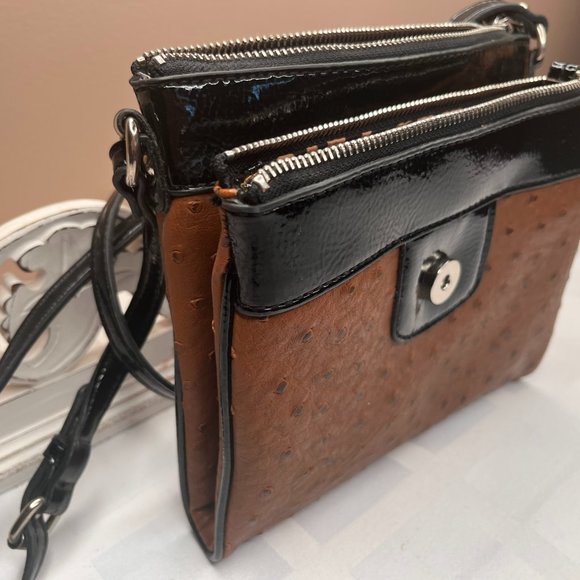 Nine West Brown & Black Crossbody Bag – Faux Ostrich Leather (Early 2000s) - Picture 7 of 11